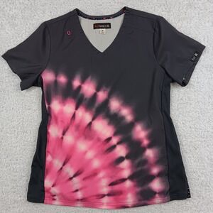 Koi Scrub Top Basics Women M Charcoal Pink Tie Dye V-Neck Ribbed 1031PR